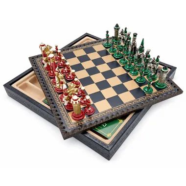 Compleet schaakspel Camelot op kunstleren schaakbord met opbergkist