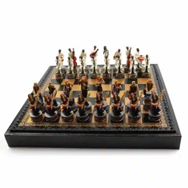 Schaakspel Jazz vs Rock - Schaak- en backgammonbord met opbergruimte in kunstleer & Stukken van hars