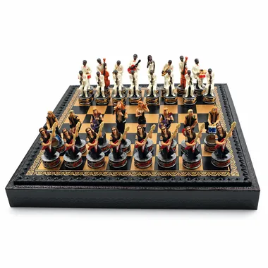 Compleet Jazz vs Rock schaakspel met kunstleren opbergschaakbord