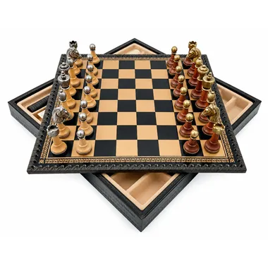 Schaakbord open met zicht op het opbergvak in kunstleer