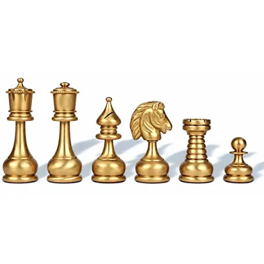 Gouden schaakstukken van de Grand ensemble Perzisch set, koning, dame, loper, paard, toren en pion
