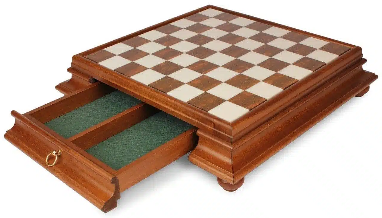 Schaakspel Arabesque - Schaakbord van Hout en Toscaanse Albast met Lade & Verguld Metalen Schaakstukken - Afbeelding 14