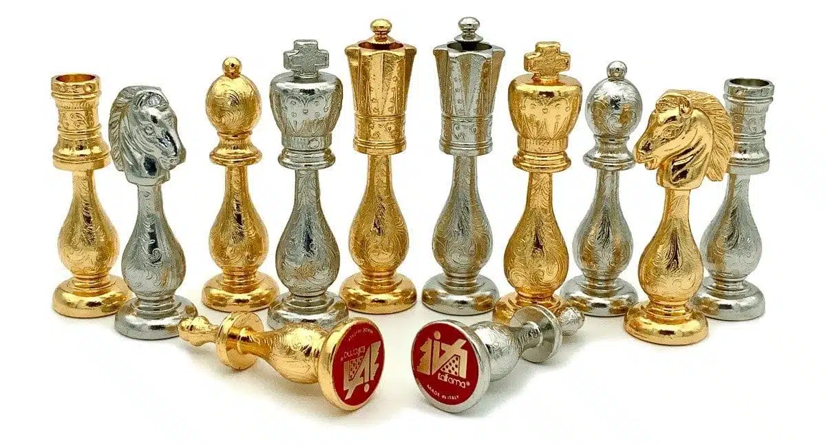 Schaakspel Arabesque - Schaakbord van Hout en Toscaanse Albast met Lade & Verguld Metalen Schaakstukken - Afbeelding 8
