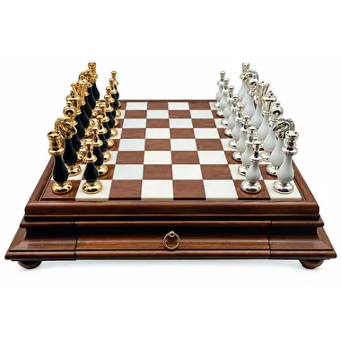 Compleet Grand Oriental schaakspel op schaakbord van hout en albast met lade