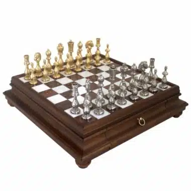 Jeu d'Échecs Arabesque - Échiquier en bois et Albâtre de Toscane avec tiroir & Pièces en métal plaqué or