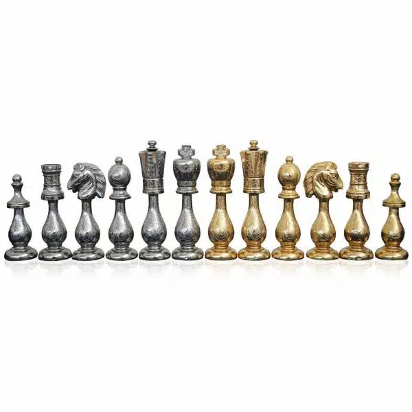 Jeu d'Échecs Arabesque - Échiquier en bois et Albâtre de Toscane avec tiroir & Pièces en métal plaqué or