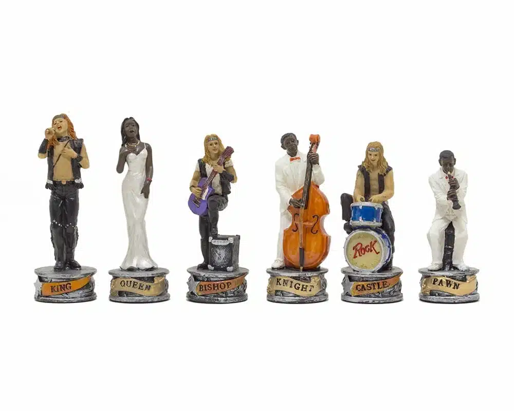 Schaakspel Jazz vs Rock - Schaakbord in zwart gelakt hout & Stukken van kunsthars - Afbeelding 17