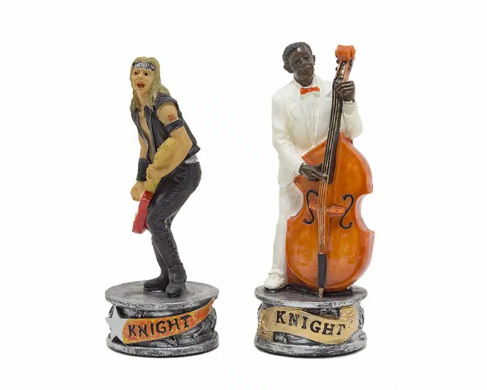 Schaakspel Jazz vs Rock - Schaakbord in zwart gelakt hout & Stukken van kunsthars - Afbeelding 18
