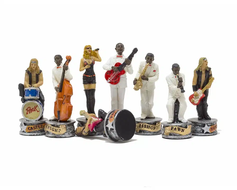 Schaakspel Jazz vs Rock - Schaakbord in zwart gelakt hout & Stukken van kunsthars - Afbeelding 16