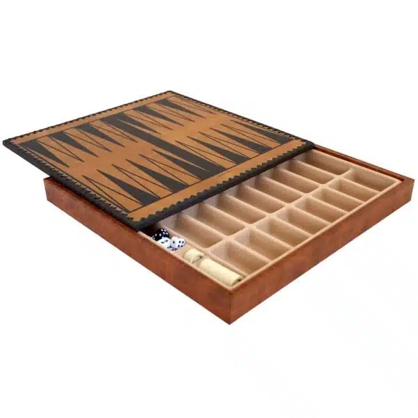 Jeu d'Échecs Classique - Échiquier - Backgammon et Jeu de dames en similicuir avec rangement & Pièces en bois et métal