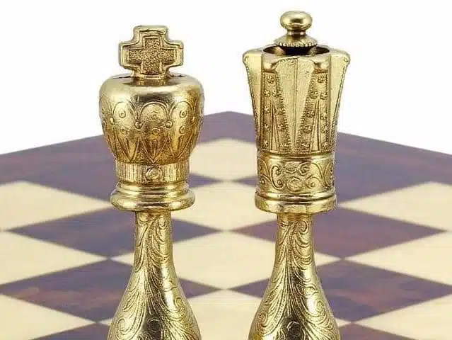 Schaakspel Arabesque - Schaakbord van Hout en Toscaanse Albast met Lade & Verguld Metalen Schaakstukken - Afbeelding 12