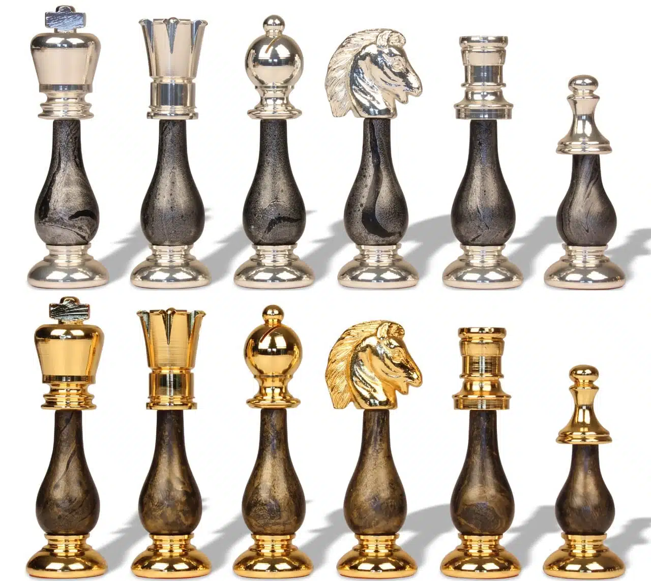 Luxe Schaakspel van Massief Messing verguld met Goud en Zilver en Gelakt Hout met Schaakbord in Esdoorn en Bruyèrehout - Koning 10 cm - Afbeelding 2