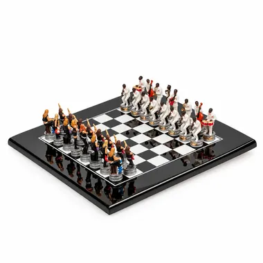 Compleet schaakspel Jazz vs Rock op zwartgelakt houten schaakbord