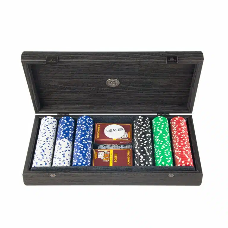 Pokerset 300 Chips - Zwarte Houten Kist met Deksel in Zwart Kunstleer