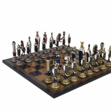Renaissance Schaakspel van Metaal, Handgeschilderd, met Schaakbord in Goud/Blauw Kunstleer