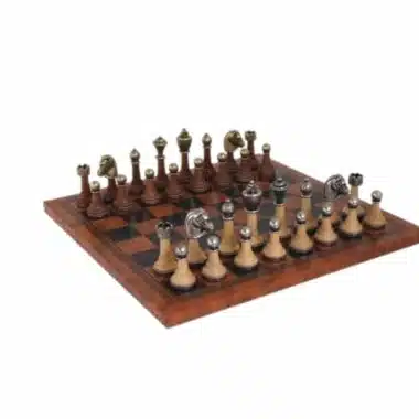 Staunton Schaakspel Metaal en Hout met Schaakbord in Kunstleer Bruin