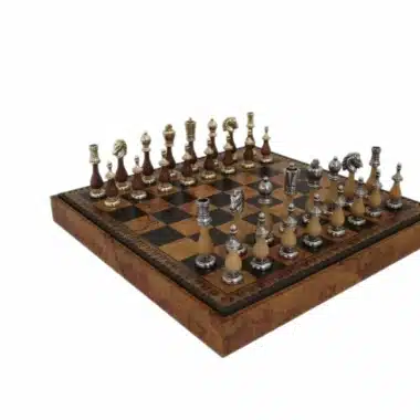 Schaakspel Arabesque - Schaakbord & Damspel in Kunstleer met Opbergvak & Schaakspel in Metaal en Hout