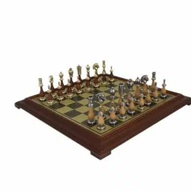 Schaakspel Arabesque - Schaakbord met Messingeffect en Houten Frame & Schaakset in Metaal en Hout
