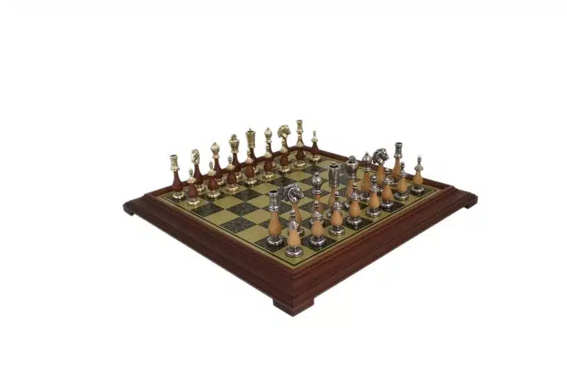 Schaakspel Arabesque - Schaakbord met Messingeffect en Houten Frame & Schaakset in Metaal en Hout