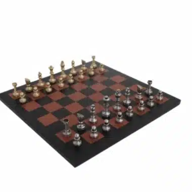 Klein Modern Schaakspel in Ambachtelijk Messing & Schaakbord in Echt Leer