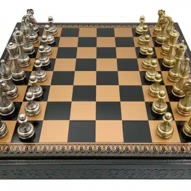 Bloemenschaakspel - Schaakbord, Dammen & Backgammon in Kunstleer Goud/Zwart met Opbergruimte & Metalen Schaakstukken