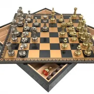 Alternative view of Bloemenschaakspel - Schaakbord, Dammen & Backgammon in Kunstleer Goud/Zwart met Opbergruimte & Metalen Schaakstukken