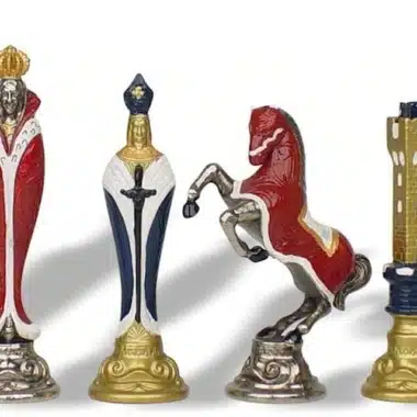 Alternative view of Renaissance Schaakspel van Metaal, Handgeschilderd, met Schaakbord in Goud/Blauw Kunstleer