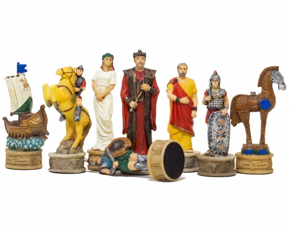 Schaakspel in Kunsthars Griekse Mythologie: De Slag om Troje met Schaakbord in Blauw en Goud Kunstleer - Afbeelding 2