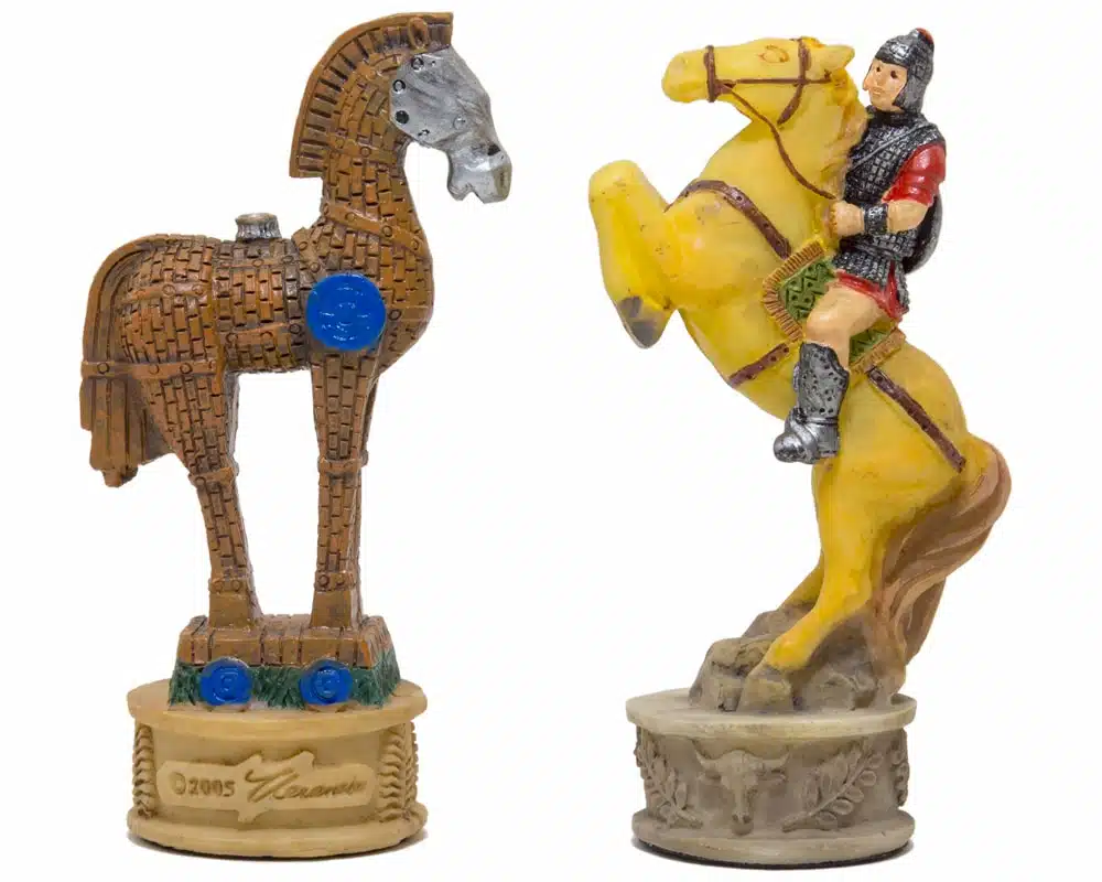 Schaakspel in Kunsthars Griekse Mythologie: De Slag om Troje met Schaakbord in Blauw en Goud Kunstleer - Afbeelding 5