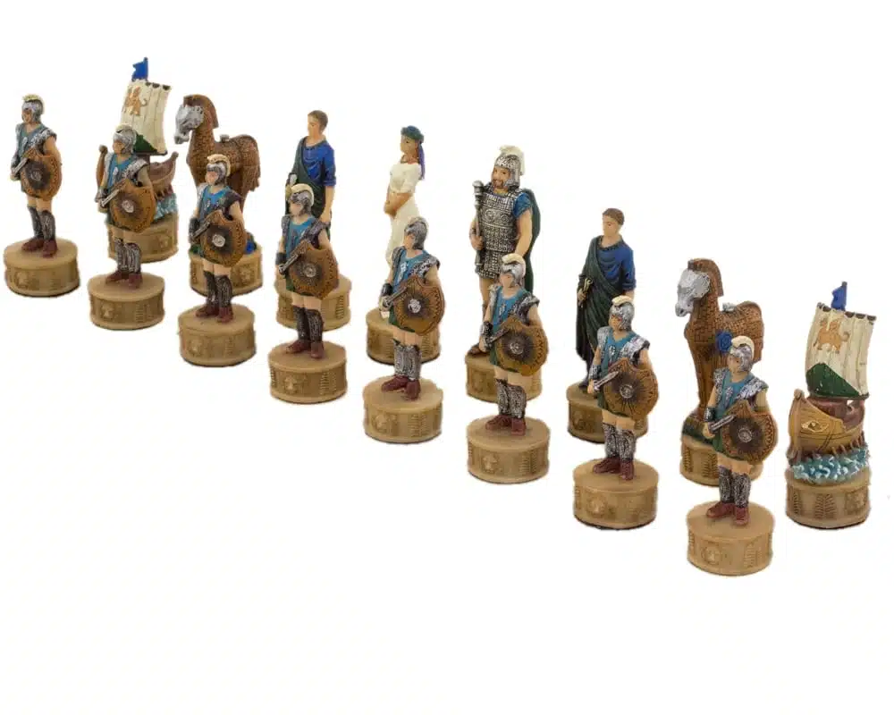 Schaakspel in Kunsthars Griekse Mythologie: De Slag om Troje met Schaakbord in Blauw en Goud Kunstleer - Afbeelding 6