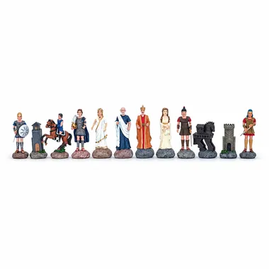 Schaakstukken van tin Griekse Mythologie op een rij met alle figuren