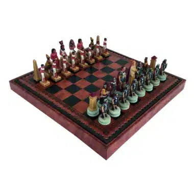 Schaakspel Romeinen VS Egyptenaren in Kunsthars met Kunstleren Schaakbord met Opbergvak