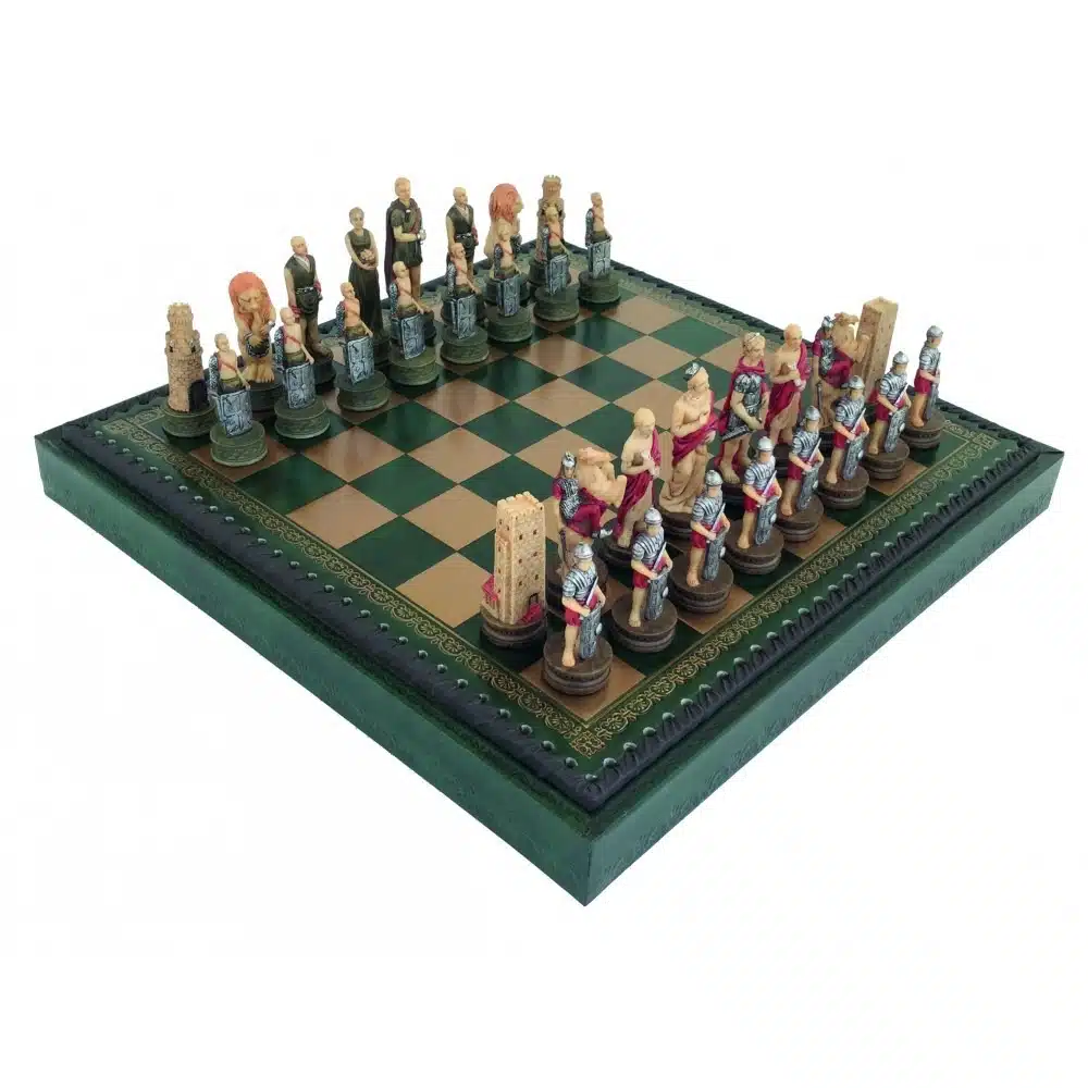 Schaakspel Romeinen vs Gladiatoren in Hars met Kunstleren Schaakbord met Opbergvak