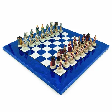 Schaakspel Romeinen VS Grieken op blauw-wit schaakbord van heidehout