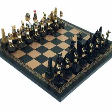 Schaakspel Oud-Egypte in Kunsthars & Schaakbord in Zwart-Gouden Kunstleer