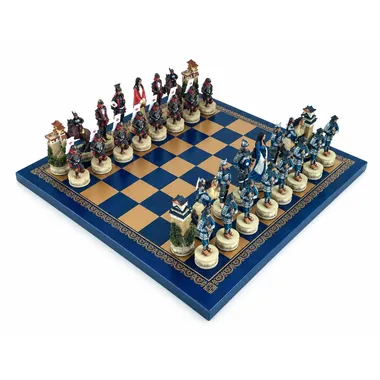 Samurai-schaakspel van handbeschilderde hars op goud-blauw kunstleren bord