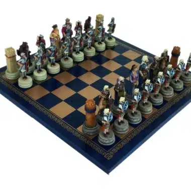 Schaakspel Arabisch-Byzantijnse Oorlogen in Hars met Goud-Blauw Kunstleren Schaakbord