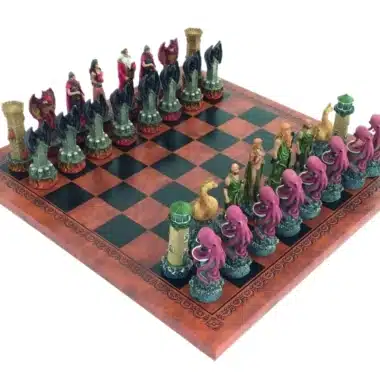 Fantasy Schaakspel Water vs Vuur in Kunsthars met Bruin-Zwart Kunstleren Schaakbord