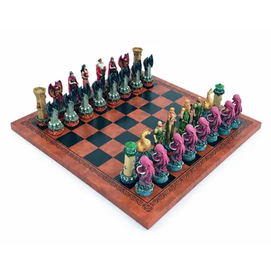 Schaakspel Fantasy Water vs Vuur opgesteld op imitatieleren schaakbord bruin en zwart