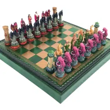 Fantasy Schaakspel Water VS Vuur in Hars & Kunstleren Schaakbord met Opbergruimte