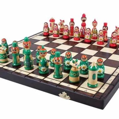 Houten Schaakspel voor Kinderen Babushka Russische Poppen Groen