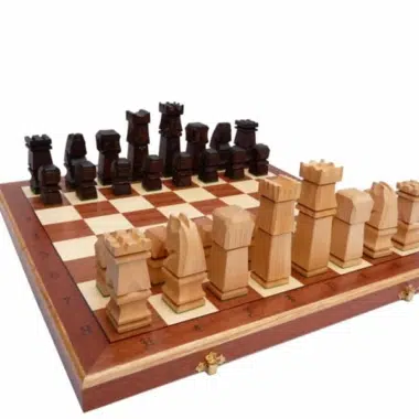 Kubistisch Houten Schaakspel met Opvouwbaar Schaakbord