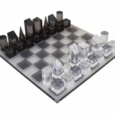 Schaakspel Cube Design Grijs en Transparant Glanzend Plexiglas met Opbergkist