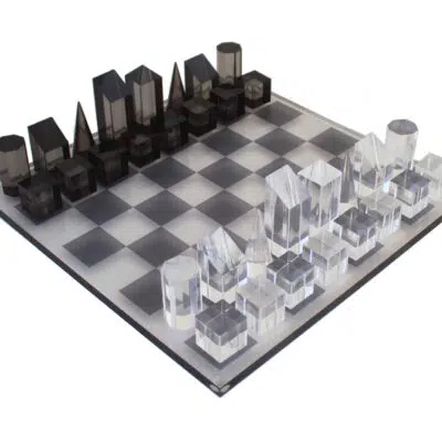 Schaakspel Cube Design Grijs en Transparant Glanzend Plexiglas met Opbergkist