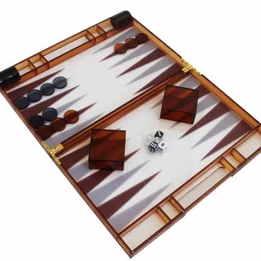 Modern Backgammon van Oranje Plexiglas met Damschijven, Dobbelbekers en Dobbelstenen