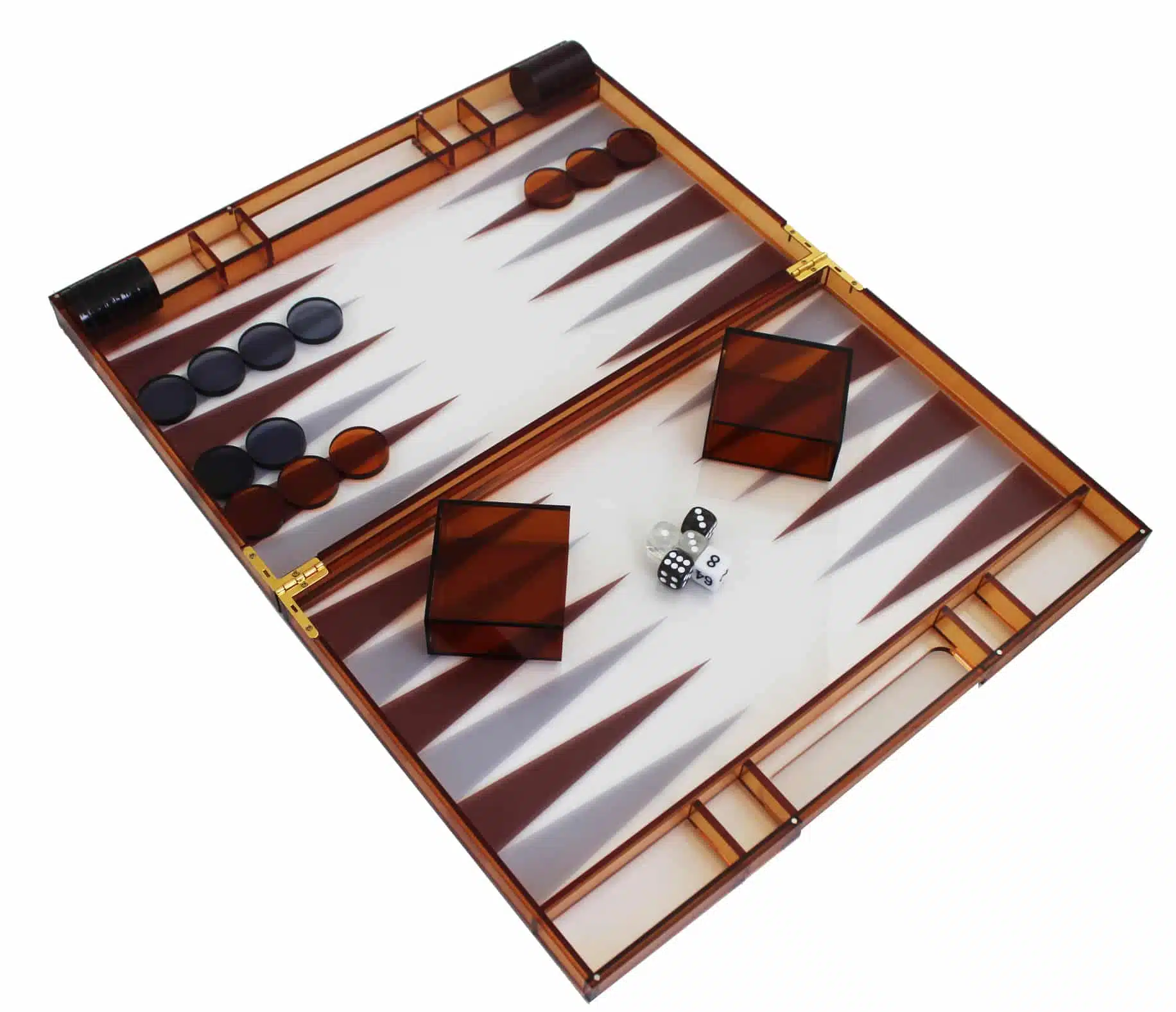 Modern Backgammon van Oranje Plexiglas met Damschijven, Dobbelbekers en Dobbelstenen
