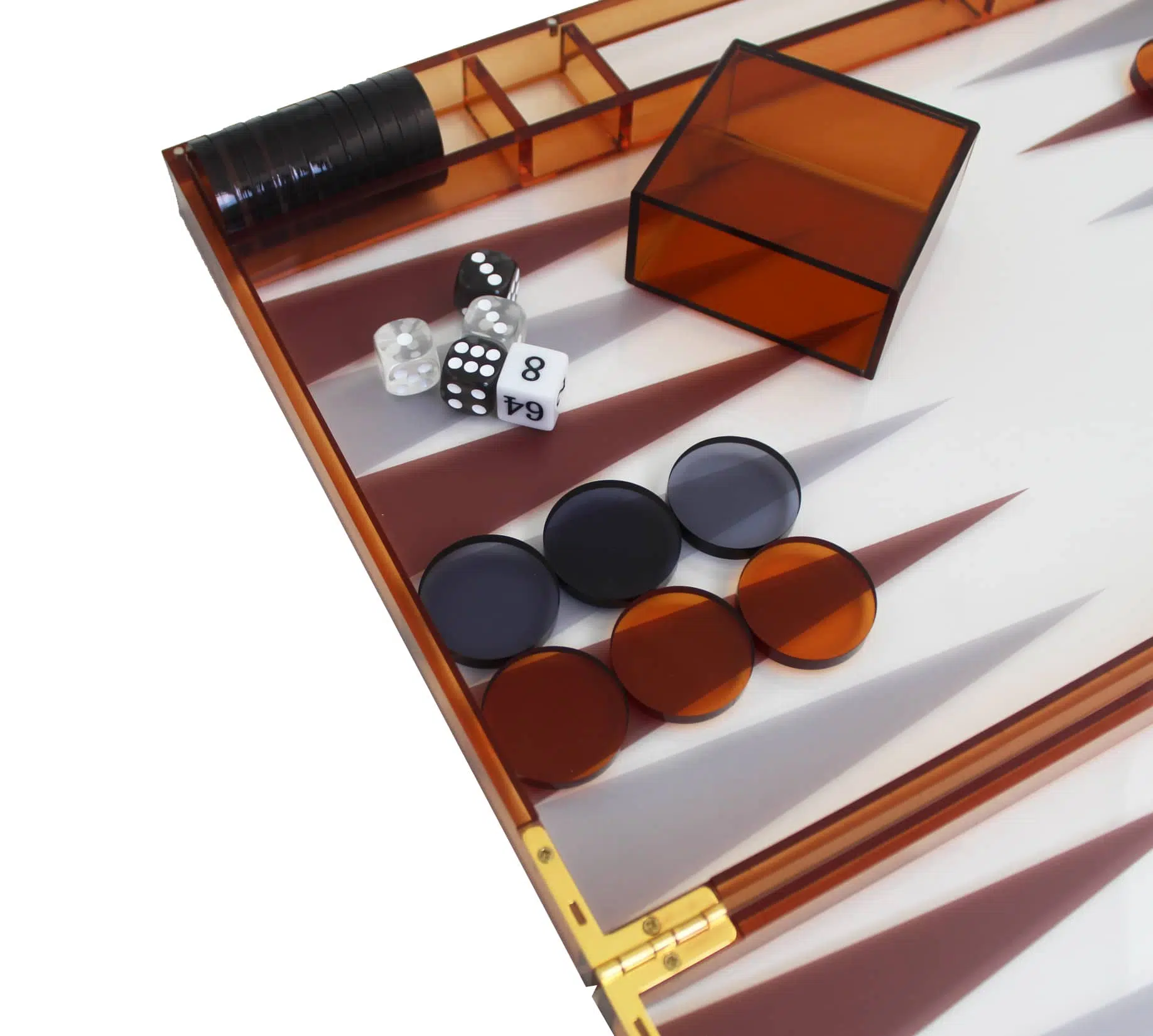 Modern Backgammon van Oranje Plexiglas met Damschijven, Dobbelbekers en Dobbelstenen - Afbeelding 2