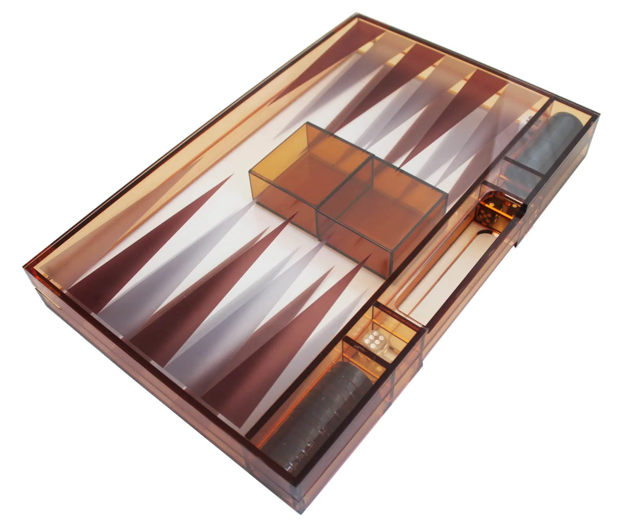 Modern Backgammon van Oranje Plexiglas met Damschijven, Dobbelbekers en Dobbelstenen - Afbeelding 3