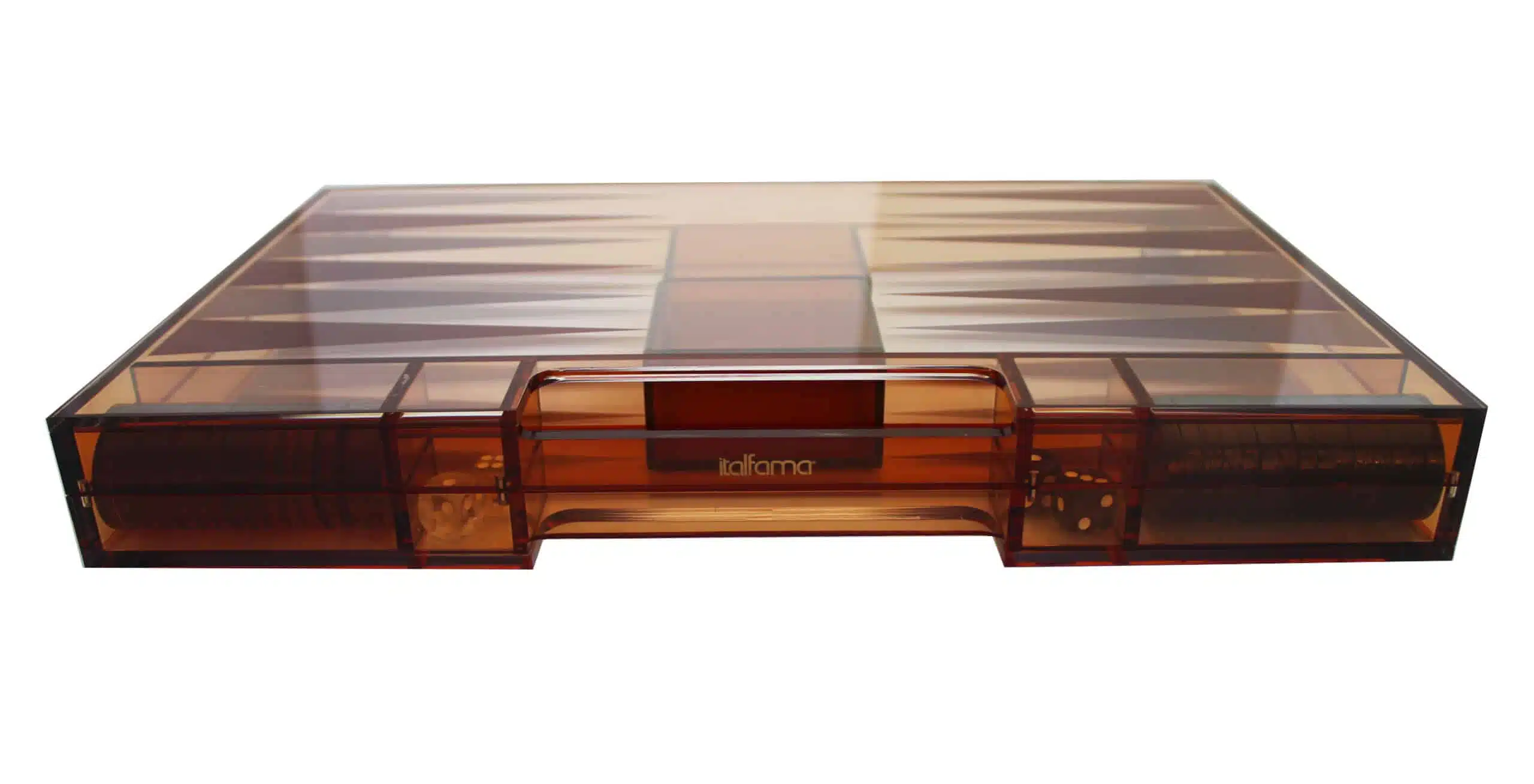Modern Backgammon van Oranje Plexiglas met Damschijven, Dobbelbekers en Dobbelstenen - Afbeelding 4