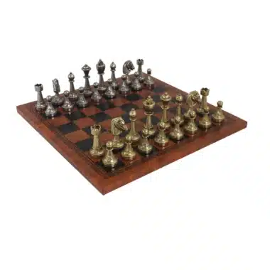 Staunton Schaakspel in Metaal & Schaakbord in Bruin Imitatieleer